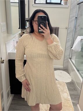 Cream Ribbed Long-Sleeve Knit Dress Size Large boho indie